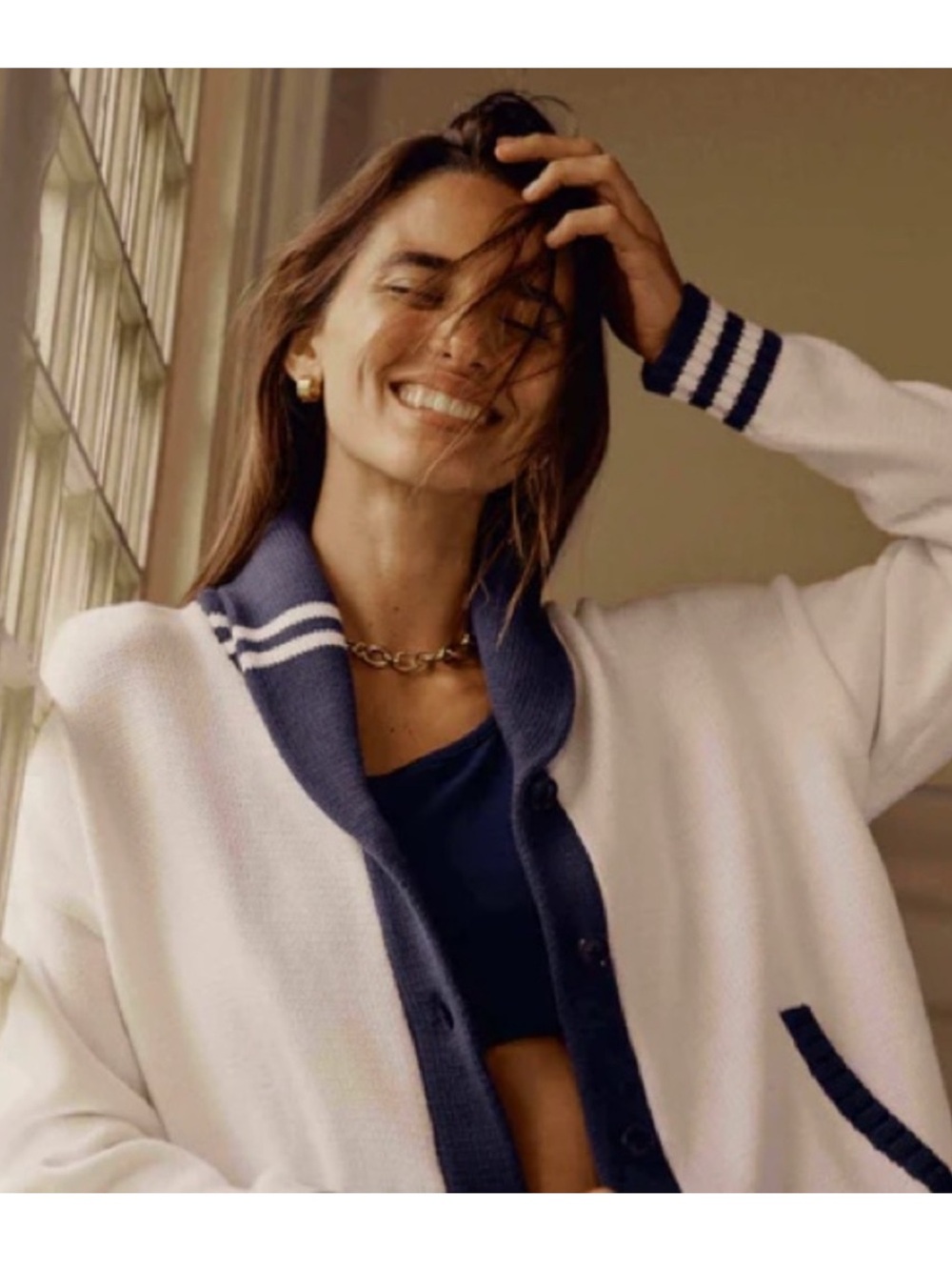 White and Navy Freya Varsity Cardigan - Picture 3 of 3